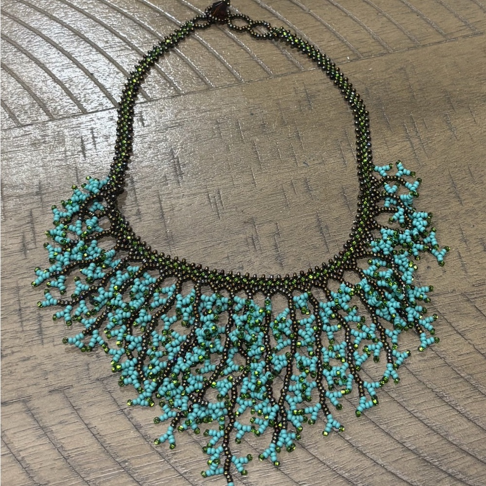 Intricate Turquoise and Black Beaded Necklace